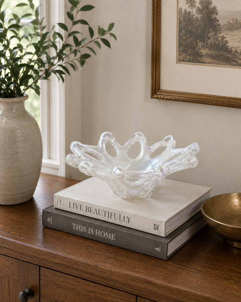 Vintage Murano Style Glass Starfish Bowl 8 Petals 9" White Opalescent